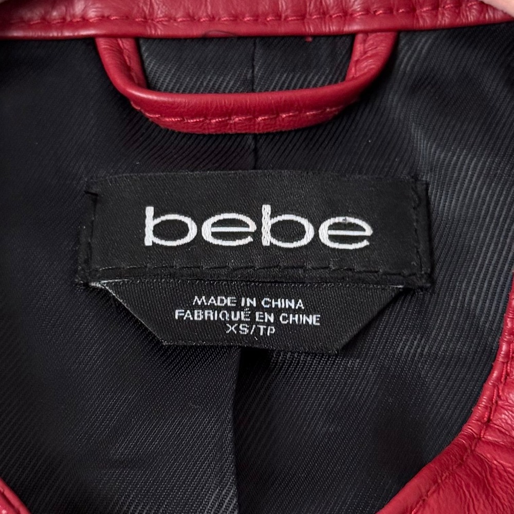 Bebe Leather Jacket Womens Red XS Cropped Moto Biker 3/4 Sleeve Scooter Y2K - Picture 8 of 11